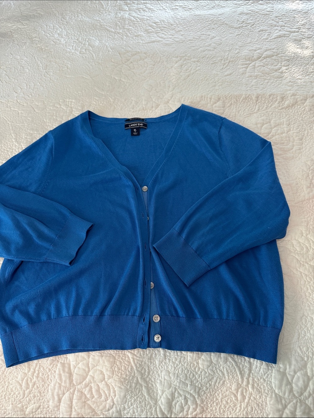 Lands' End Women's V-Neck Button Cropped Cardigan Sweater - Blue